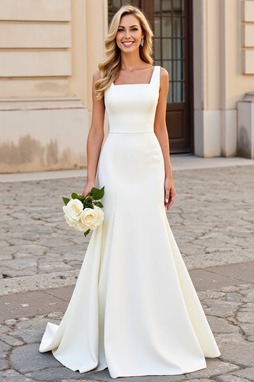Robe de mariée longue en satin à col carré sirène blanche